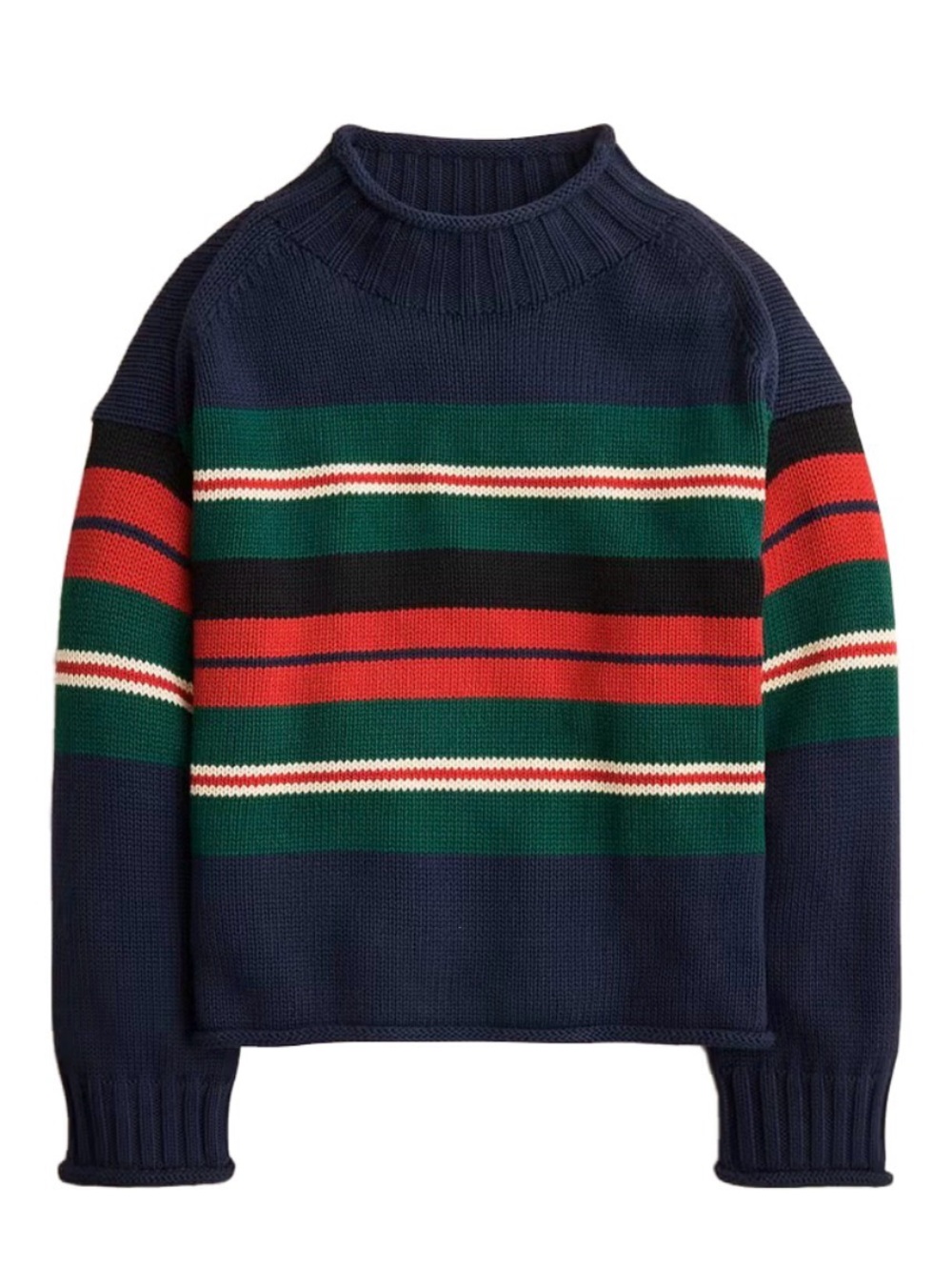 J. Crew Navy, Green & Red Striped Turtleneck Sweater